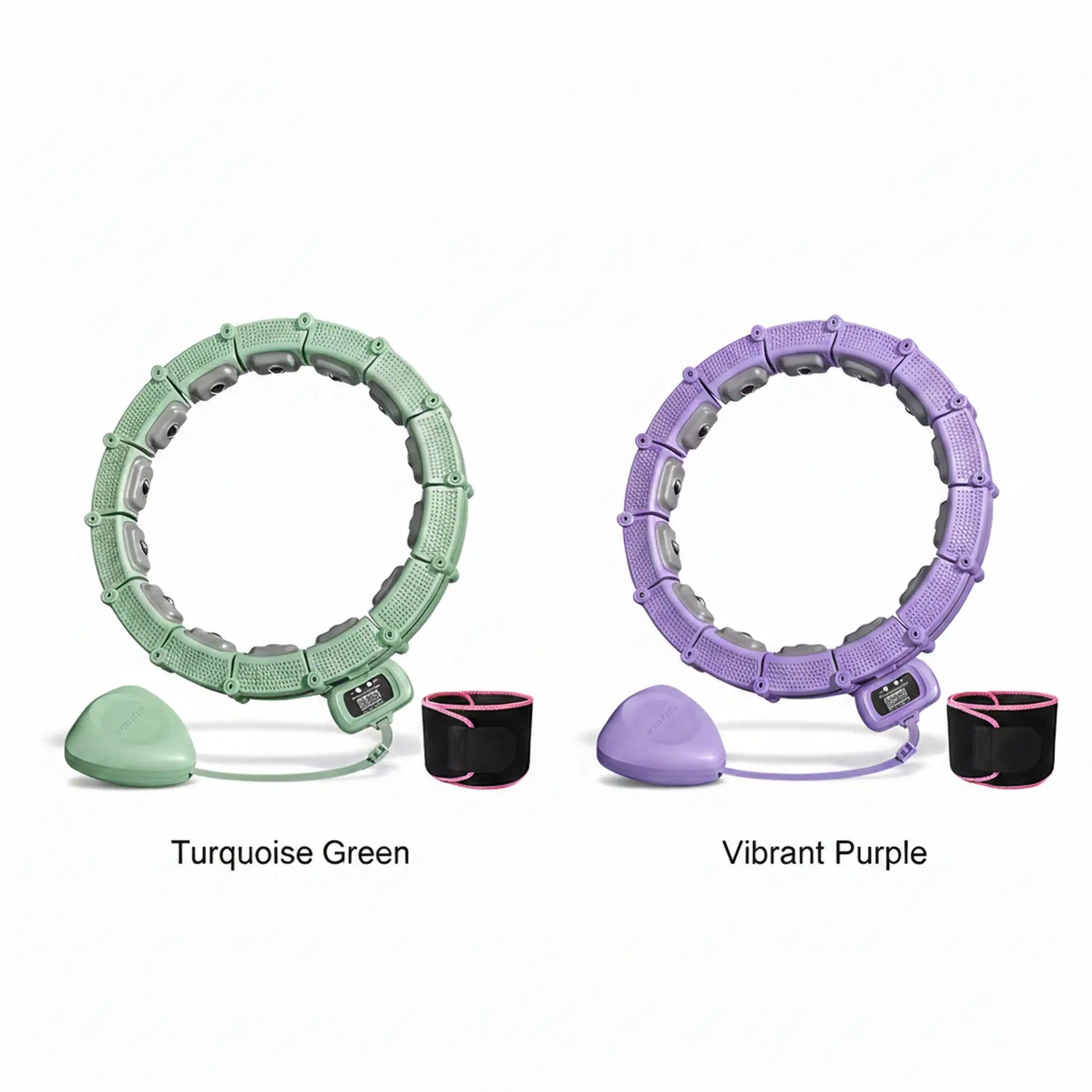 Two hula hoops, one turquoise green and one vibrant purple, on a white background.