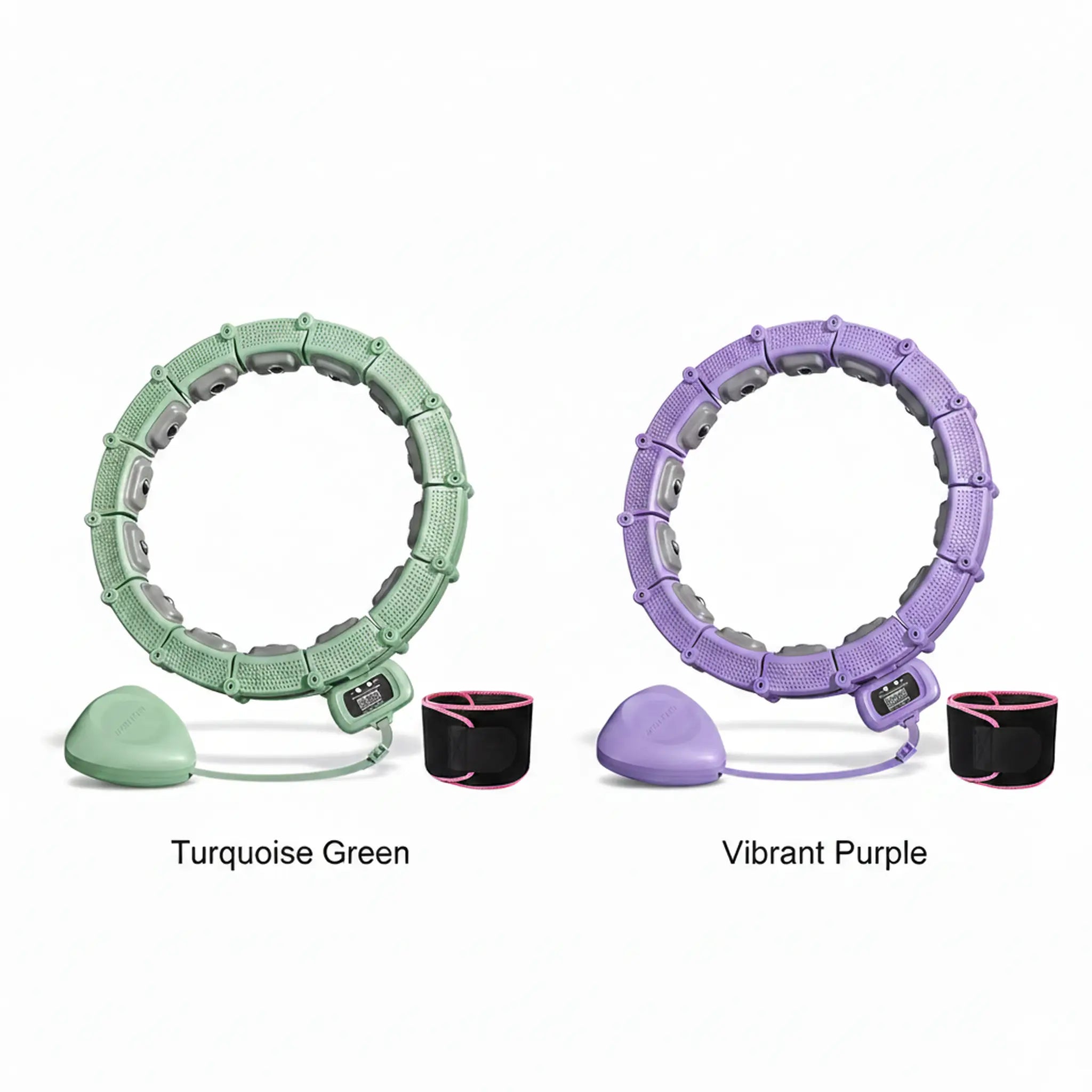 Two hula hoops, one turquoise green and one vibrant purple, on a white background.