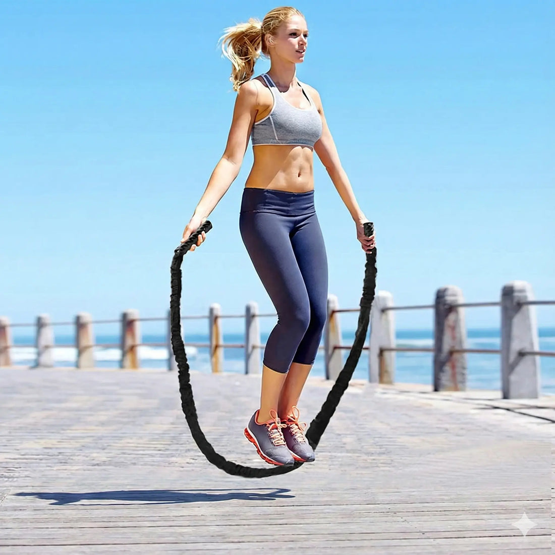 Woman skipping with a weighted skipping rope outdoors