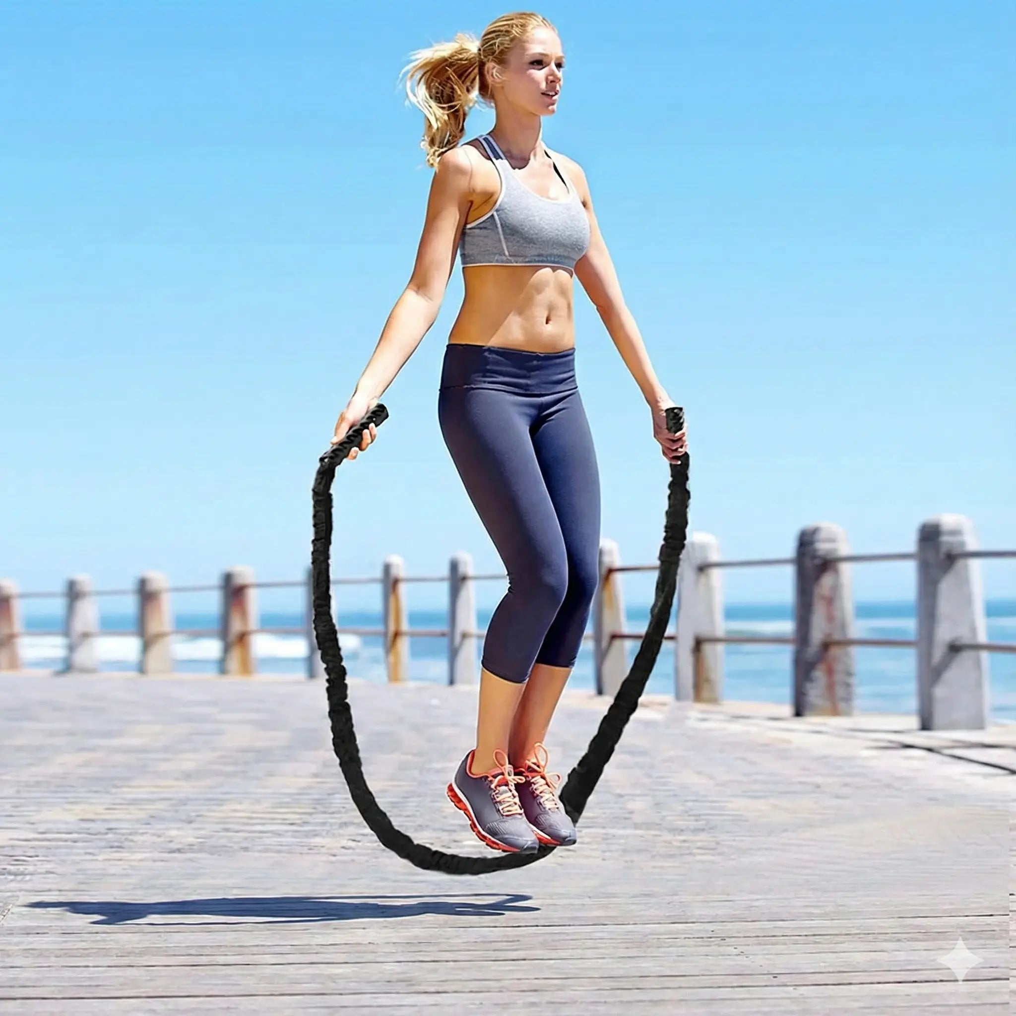 Woman skipping with a weighted skipping rope outdoors