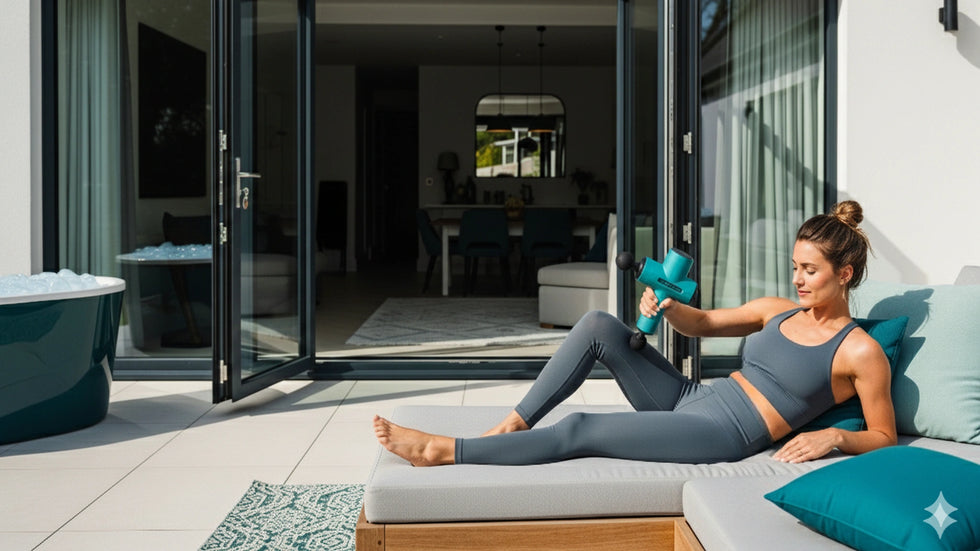 Woman using a mini massage gun on an outdoor lounger, with an ice bath in the background – home recovery equipment.