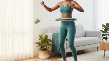 Woman exercising with a smart weighted hula hoop in a living room.