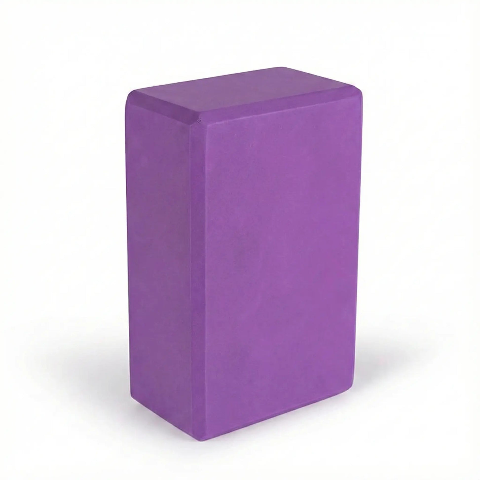 Front view of a purple foam yoga block on a white background.
