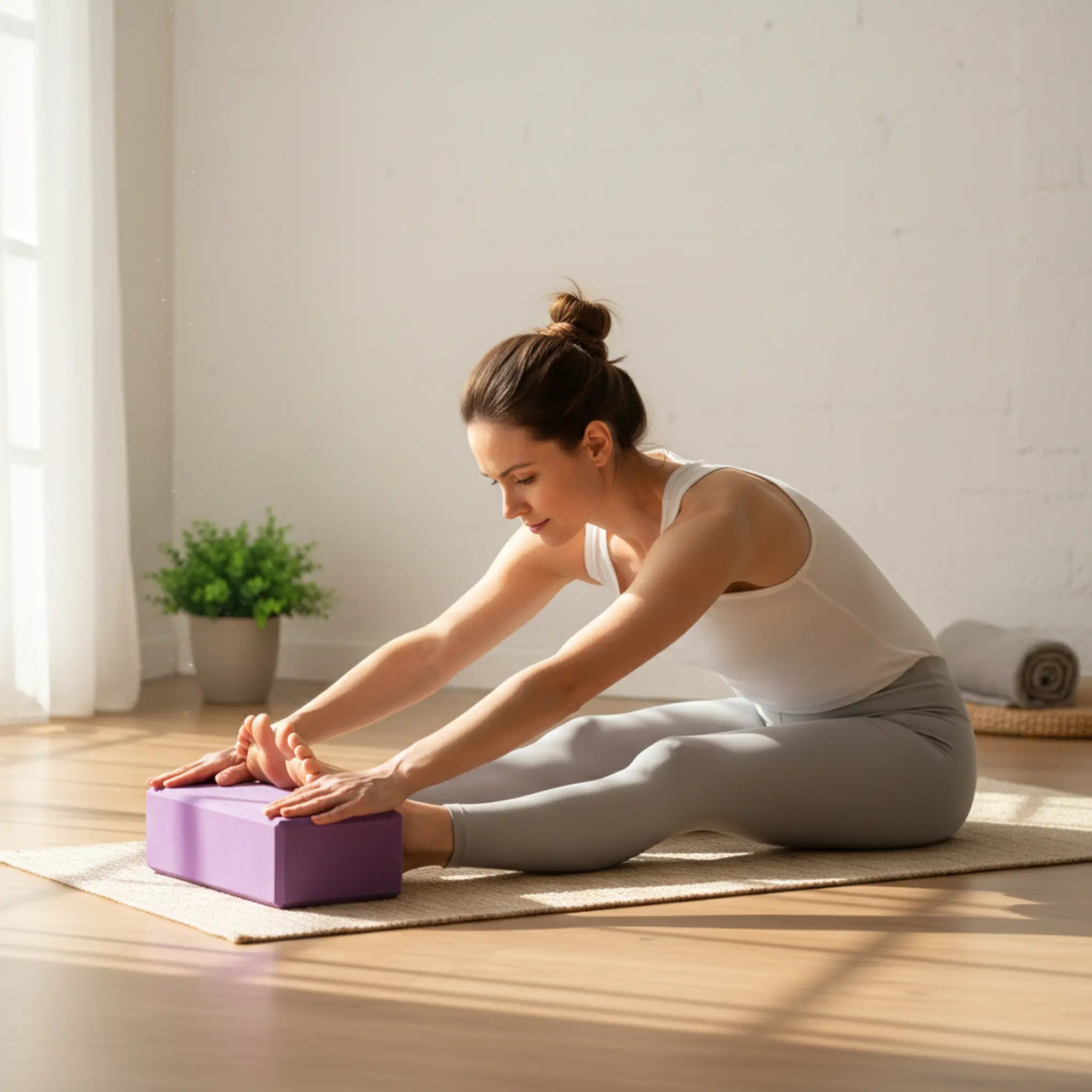 Woman using a purple yoga block to support a seated forward fold.