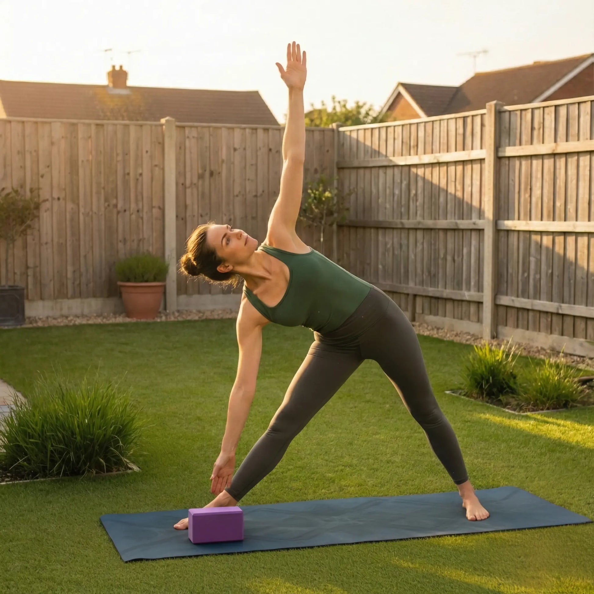 Woman using a purple yoga block in triangle pose outdoors.